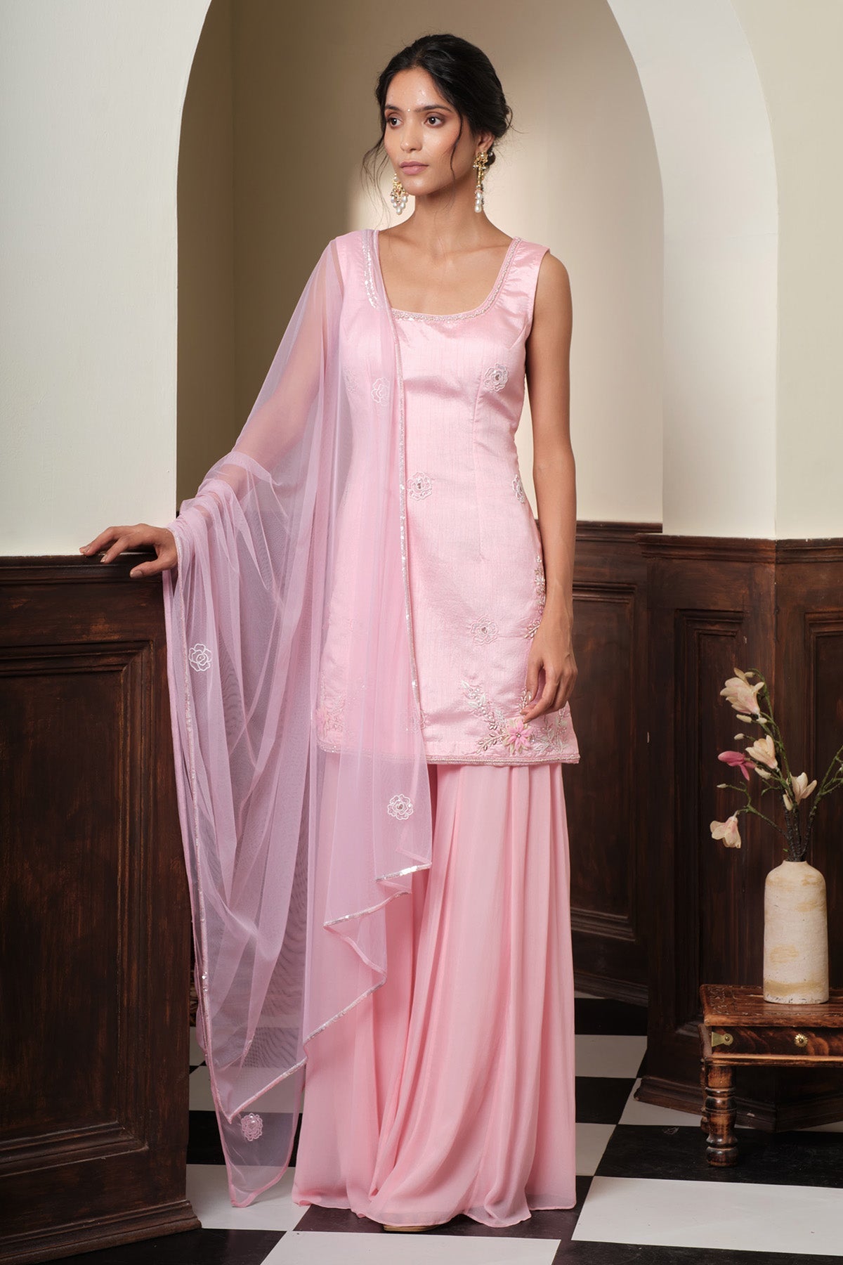 Buy Pink 3D Floral Work Sharara Set for women online available at Scrollnshops